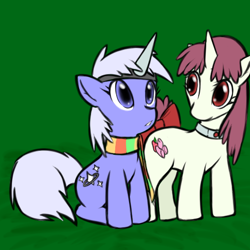 Size: 512x512 | Tagged: safe, artist:sildre, derpibooru import, oc, oc only, oc:star glitter, oc:strawberry fluff, earth pony, pony, unicorn, clothes, duo, fake horn, female, horn, looking up, mare, scarf, sitting
