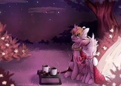 Size: 1280x905 | Tagged: safe, artist:lonerdemiurge_nail, derpibooru import, oc, oc only, bat pony, pony, unicorn, coffee mug, collar, duo, female, glasses, horn, mare, mug, night, tree