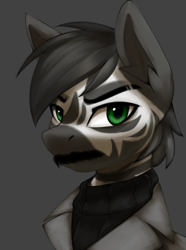 Size: 1560x2100 | Tagged: safe, artist:sesek, derpibooru import, oc, oc only, oc:zeshmunazash zeirutid, zebra, equestria at war mod, bust, clothes, facial hair, gray background, moustache, portrait, simple background, solo