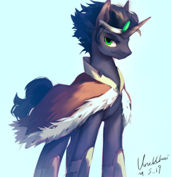 Size: 1080x1121 | Tagged: safe, artist:unclechai, derpibooru import, king sombra, unicorn, g4, green eyes, horn, looking at you, male, reformed sombra, simple background, solo, standing, white background