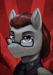 Size: 1552x2164 | Tagged: safe, artist:mrscroup, derpibooru import, oc, oc only, oc:dark wing, pegasus, pony, equestria at war mod, bust, clothes, glasses, hammer and horseshoe, necktie, portrait, shirt, solo