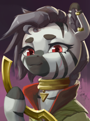 Size: 3120x4200 | Tagged: safe, artist:printik, derpibooru import, oc, oc only, oc:matanzal, zebra, equestria at war mod, bust, clothes, ear fluff, ear piercing, earring, ears, jewelry, necklace, piercing, portrait, solo