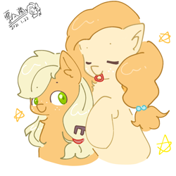 Size: 1080x1080 | Tagged: safe, artist:piaojun55154, derpibooru import, applejack, pear butter, earth pony, pony, g4, duo, eyes closed, female, mare, mother and child, mother and daughter, parent and child, smiling