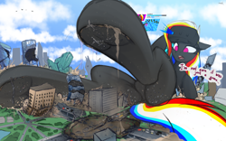 Size: 4000x2500 | Tagged: safe, artist:darky_wings, derpibooru import, oc, oc only, oc:darky wings, pegasus, pony, augmented reality, butt, city, crushing, destruction, dirty, dirty hooves, featureless crotch, female, fetish, footprint, frog (hoof), game, giantess, hoof focus, hoofbutt, hooves, implied mass vore, implied object vore, implied vore, long legs, macro, mare, micro, plot, raised hoof, raised leg, soles, stomp, stomped, stomping, unaware, underhoof, vore, vr headset