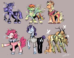 Size: 1336x1054 | Tagged: safe, artist:justvoidsdumbstuff1, derpibooru import, applejack, fluttershy, pinkie pie, rainbow dash, rarity, twilight sparkle, unicorn twilight, butterfly, earth pony, pegasus, pony, unicorn, g4, alternate color palette, alternate cutie mark, alternate design, antlers, applejack's hat, bag, bald face, bandaid, bangs, beard, blaze (coat marking), blonde, blonde mane, blonde tail, blue coat, blush sticker, blushing, bracelet, brown background, chest fluff, chin fluff, clothes, coat markings, colored, colored hooves, colored muzzle, colored wings, colored wingtips, cowboy hat, curly hair, curly mane, curly tail, curved horn, dot eyes, ears back, emanata, eyelashes, eyes closed, eyeshadow, facial hair, facial markings, feather, feather in hair, female, fetlock tuft, frown, goggles, goggles on head, gray hooves, hair bun, hat, height difference, hooves, horn, hunched over, jewelry, lidded eyes, long legs, long mane, long tail, makeup, mane six, mane six redesign, mare, multicolored hair, multicolored hooves, multicolored mane, multicolored tail, multicolored wings, narrowed eyes, physique difference, pink coat, pink mane, pink tail, plewds, ponytail, profile, purple coat, purple hooves, purple mane, purple tail, rainbow hair, rainbow tail, raised hoof, raised leg, redesign, ruffles, saddle bag, scroll, shawl, shiny hooves, short hair rainbow dash, short mane, signature, simple background, smiling, smoldash, socks (coat marking), solo, spread wings, standing, straight mane, straight tail, straw in mouth, striped horn, sweat, sweatdrops, tail, tallershy, text, thin legs, tied mane, tied tail, tongue, tongue out, two toned coat, two toned wings, unicorn beard, unicorn horn, unshorn fetlocks, wings, wings down, yellow coat, yoke