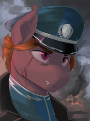 Size: 2340x3150 | Tagged: safe, artist:kelkessel, derpibooru import, oc, oc only, oc:red foam, bat pony, pony, equestria at war mod, bust, cap, clothes, fangs, hat, portrait, scar, solo