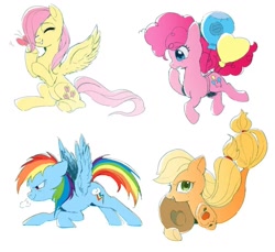 Size: 1179x1080 | Tagged: artist needed, safe, derpibooru import, applejack, fluttershy, pinkie pie, rainbow dash, butterfly, earth pony, pegasus, pony, seapony (g4), g4, applejack's hat, balloon, clothes, cowboy hat, eyes closed, female, hat, mare, open mouth, seaponified, seapony applejack, simple background, sitting, smiling, snorting, species swap, spread wings, white background, wings