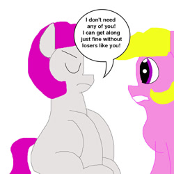 Size: 1000x1000 | Tagged: safe, artist:mastermarik, derpibooru import, starlight (g1), sweetheart, earth pony, pony, g1, my little pony tales, 1000 hours in ms paint, 2011, dialogue, discorded, duo, duo female, eyes closed, female, frown, simple background, sitting, speech bubble, tail, white background