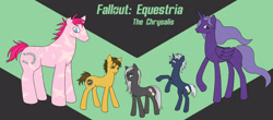 Size: 2523x1106 | Tagged: safe, artist:pain-jam-cookie, derpibooru import, oc, oc only, oc:dusty trails, oc:echo (the chrysalis), oc:sickle, oc:starlight, oc:whisper, alicorn, earth pony, pony, unicorn, fallout equestria, fanfic:fallout equestria: the chrysalis, alicorn oc, disguise, disguised changeling, earth pony oc, fanfic art, horn, unicorn oc, wings