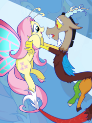 Size: 1752x2336 | Tagged: safe, artist:我是昵称, derpibooru import, discord, fluttershy, draconequus, flutter pony, pony, abstract background, butterfly wings, comic interpretation, duo, duo male and female, female, holding, looking at each other, looking at someone, male, mare, scene interpretation, species swap, unshorn fetlocks, wings