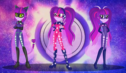Size: 2584x1500 | Tagged: safe, artist:machakar52, derpibooru import, sci-twi, twilight sparkle, human, equestria girls, g4, alternate hairstyle, antennae, bodysuit, boots, cat ears, clothes, cosplay, costume, crossed arms, crossover, female, gloves, hand on hip, hands behind back, headphones, ladybiquity, marinette dupain-cheng, mask, miraculous ladybug, pigtails, ponytail, shoes, smiling
