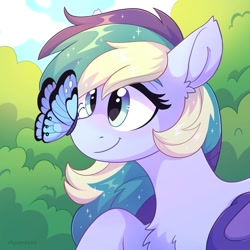 Size: 2000x2000 | Tagged: safe, artist:skysorbett, derpibooru import, oc, oc only, bat pony, butterfly, pony, bat pony oc, bush, butterfly on nose, chest fluff, cloud, folded wings, insect on nose, raised hoof, raised leg, sky, smiling, solo, sparkling mane, wings