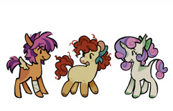 Size: 1400x900 | Tagged: safe, artist:camo_ty, derpibooru import, part of a set, apple bloom, scootaloo, sweetie belle, earth pony, pegasus, pony, unicorn, g4, alternate accessories, alternate color palette, alternate design, alternate hairstyle, alternate mane color, alternate tail color, alternate tailstyle, bandage, bandaged leg, beanbrows, bonnet, bow, brown hooves, chubby, coat markings, colored, colored ears, colored eyebrows, colored hooves, colored horn, colored muzzle, colored nose, colored pinane, colored wings, colored wingtips, cream coat, curly hair, curly mane, curly tail, curved horn, cutie mark crusaders, dot eyes, ear tufts, ears, eyebrows, eyebrows visible through hair, eyelashes, facial markings, female, filly, floppy ears, foal, freckles, green bow, green hooves, hair bow, heart nose, horn, leg freckles, leonine tail, looking at each other, looking at someone, open mouth, open smile, physique difference, profile, purple mane, purple tail, red mane, red tail, short horn, short mane, short tail, signature, simple background, small wings, smiling, smiling at each other, snip (coat marking), socks (coat marking), spiky mane, spiky tail, spread wings, standing, tail, tall ears, thin, trio, trio female, two toned mane, two toned tail, two toned wings, unshorn fetlocks, wall of tags, white background, white coat, wings, yellow coat