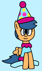 Size: 521x892 | Tagged: safe, artist:gillianthecreator36, derpibooru import, first base, pegasus, pony, g4, adorabase, blue background, closed mouth, clothes, clown, clown base, clown hat, cute, cyan background, female, filly, foal, hat, pegasus first base, race swap, rule 63, simple background, sitting, smiling, solo, tights