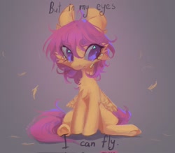 Size: 2048x1790 | Tagged: safe, artist:blcksswn, derpibooru import, scootaloo, pegasus, pony, g4, alternate hairstyle, angst, big ears, big eyes, cheek fluff, chest fluff, colored, crying, curly hair, curly mane, detailed, ear fluff, ears, eyelashes, feather, female, filly, foal, frown, gradient background, long mane, looking away, narrowed eyes, orange coat, purple eyes, purple mane, purple tail, sad, scootaloo can't fly, shiny eyes, sitting, small wings, solo, tail, tall ears, text, wingding eyes, wings, wings down