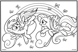 Size: 3101x2088 | Tagged: safe, derpibooru import, fluttershy, rainbow dash, butterfly, pegasus, pony, black and white, coloring book, coloring page, cute, duo, duo female, female, flying, grayscale, looking at each other, looking at someone, mare, monochrome, official, open mouth, open smile, rainbow, smiling, spread wings, stock vector, wings