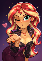 Size: 1664x2432 | Tagged: safe, ai content, derpibooru import, edit, generator:pony diffusion v6 xl, generator:stable diffusion, machine learning generated, sunset shimmer, human, equestria girls, g4, blowing a kiss, blushing, breasts, cleavage, clothes, heart, one eye closed, prompter:sunshimm supremacy, solo, wink