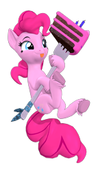 Size: 2000x3500 | Tagged: safe, artist:owlpirate, derpibooru import, pinkie pie, earth pony, pony, g4, 3d, cake, cute, diapinkes, female, food, fork, giant food, high res, imminent consumption, imminent stuffing, kitchen eyes, leg hold, mare, simple background, solo, source filmmaker, tongue, tongue out, transparent background, unshorn fetlocks