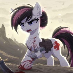 Size: 1024x1024 | Tagged: safe, ai content, derpibooru import, generator:novelai, generator:stable diffusion, machine learning generated, nurse redheart, oc, earth pony, pony, alternate color palette, alternate hairstyle, bag, bandage, blood, fusion, prompter:hazy skies, saddle bag, solo, sword, unnamed oc, wasteland, weapon