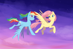 Size: 3750x2550 | Tagged: safe, artist:shanyata, derpibooru import, fluttershy, rainbow dash, pegasus, pony, g4, female, flutterdash, flying, high res, lesbian, looking at each other, looking at someone, mare, shipping, sky, smiling, smiling at each other, spread wings, windswept mane, wings, wings down