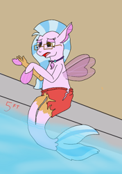 Size: 534x760 | Tagged: safe, artist:wereskunk, derpibooru import, silverstream, human, seapony (g4), g4, clothes, fin wings, fins, glasses, human to seapony, jewelry, legs fusing, lidded eyes, male to female, mid-transformation, necklace, open mouth, seapony silverstream, sitting, solo, swimming pool, swimming trunks, swimsuit, torn clothes, transformation, transgender transformation, water, wings