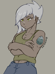 Size: 3072x4096 | Tagged: safe, artist:metaruscarlet, derpibooru import, limestone pie, human, clothes, crossed arms, ear piercing, earring, female, holder's boulder, humanized, jewelry, muscles, muscular female, not gilda, piercing, simple background, solo, tattoo