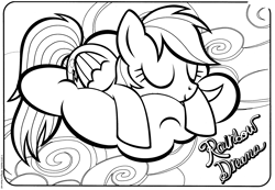 Size: 2995x2074 | Tagged: safe, derpibooru import, rainbow dash, pegasus, pony, black and white, cloud, coloring book, coloring page, eyes closed, female, folded wings, grayscale, mare, monochrome, official, on a cloud, sleeping, sleeping on a cloud, sleepydash, smiling, solo, stock vector, text, wings