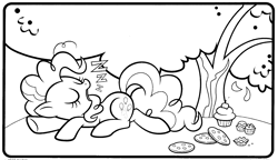 Size: 1877x1081 | Tagged: safe, derpibooru import, pinkie pie, earth pony, pony, g4, black and white, candy, chocolate, coloring book, coloring page, cookie, cupcake, eyes closed, female, food, grayscale, lying down, mare, monochrome, official, onomatopoeia, open mouth, outdoors, sleeping, snoring, solo, sound effects, stock vector, tree, zzz