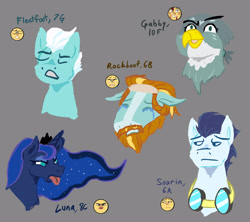 Size: 3300x2925 | Tagged: safe, artist:sud-scribbles, derpibooru import, fleetfoot, gabby, princess luna, rockhoof, soarin', alicorn, earth pony, griffon, pegasus, pony, g4, crying, ears, expression challange, eyes closed, female, floppy ears, goggles, goggles around neck, gritted teeth, horn, jewelry, male, mare, open mouth, sad, stallion, teeth, tiara, tongue, tongue out, unamused
