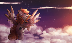 Size: 1802x1093 | Tagged: safe, artist:lonerdemiurge_nail, derpibooru import, oc, oc only, pegasus, pony, cloud, female, flying, mare, open mouth, smiling, solo, spread wings, stars, wings