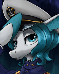 Size: 3800x4800 | Tagged: safe, artist:ryanmandraws, derpibooru import, oc, oc only, oc:blizzard blitz, seapony (g4), equestria at war mod, anchor, blue eyes, blue mane, bust, cap, clothes, ears, fins, floppy ears, flowing mane, hat, lidded eyes, looking at you, ocean, portrait, salute, scales, seaquestria, smiling, smiling at you, solo, swimming, underwater, uniform, water