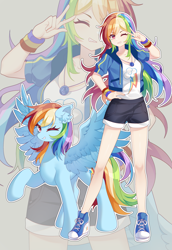 Size: 4145x6031 | Tagged: safe, artist:alus, derpibooru import, rainbow dash, human, pegasus, pony, equestria girls, g4, backwards cutie mark, clothes, converse, cute, ear fluff, ears, female, grin, hoodie, human coloration, human ponidox, humanized, one eye closed, peace sign, self paradox, self ponidox, shoes, shorts, smiling, tomboy, wink, zoom layer