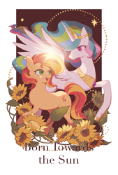 Size: 2153x3192 | Tagged: safe, artist:yingyu850, derpibooru import, princess celestia, sunset shimmer, alicorn, pony, unicorn, g4, female, flower, horn, looking at each other, looking at someone, mare, simple background, spread wings, sunflower, text, white background, wings