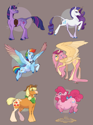 Size: 1535x2048 | Tagged: safe, artist:solkatt-arts, derpibooru import, applejack, fluttershy, pinkie pie, rainbow dash, rarity, twilight sparkle, unicorn twilight, classical unicorn, earth pony, pegasus, pony, unicorn, bipedal, bow, brown background, cloven hooves, colored wings, female, flower, flower in hair, goggles, goggles around neck, horn, large wings, leonine tail, mane six, mare, multicolored wings, pronking, rainbow wings, simple background, tail, tail bow, unshorn fetlocks, wings