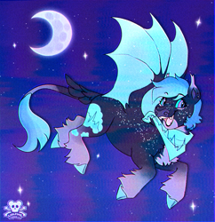 Size: 1404x1450 | Tagged: safe, artist:wolfs42, derpibooru import, oc, oc:veve, bat pony, bat pony oc, clothes, colored hooves, crescent moon, ear piercing, female, freckles, gift art, handkerchief, leonine tail, mare, moon, night, night sky, piercing, retro, sky, tail, tail feathers, unshorn fetlocks