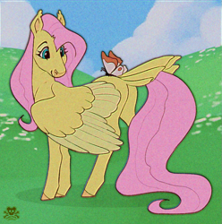 Size: 877x884 | Tagged: safe, artist:wolfs42, derpibooru import, fluttershy, butterfly, pegasus, pony, g4, butt, butterfly on butt, chromatic aberration, colored wings, ear tufts, female, flutterbutt, looking back, mare, plot, solo, tail, tail feathers, two toned wings, wings
