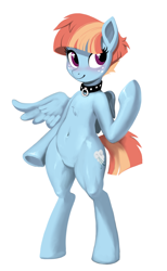 Size: 1088x1762 | Tagged: safe, artist:sunbusting, derpibooru import, windy whistles, pegasus, semi-anthro, g4, belly button, blushing, collar, female, freckles, pubic mound, simple background, solo, white background