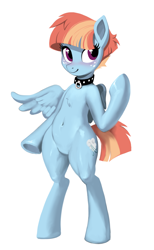 Size: 1088x1762 | Tagged: safe, artist:sunbusting, derpibooru import, windy whistles, pegasus, semi-anthro, g4, belly button, blushing, chest fluff, collar, female, freckles, looking sideways, mare, one wing out, pubic mound, simple background, smiling, solo, white background