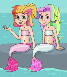 Size: 882x1008 | Tagged: safe, artist:ocean lover, derpibooru import, coconut cream, toola roola, human, mermaid, bandeau, bare shoulders, beach, belly, belly button, best friends, boulder, child, children, duo, duo female, female, fins, fish tail, golden eyes, hairpin, happy, human coloration, humanized, innocent, light skin, long hair, looking at you, mermaid tail, mermaidized, mermay, midriff, ms paint, multicolored hair, ocean, open mouth, outdoors, rock, sitting, sky, sleeveless, smiling, smiling at you, species swap, tail, tail fin, teal eyes, water, wave