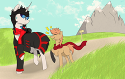 Size: 3000x1900 | Tagged: safe, artist:anix_space, derpibooru import, oc, oc only, oc:anix, oc:himmel, earth pony, pony, unicorn, clothes, foal, glowing, glowing eyes, horn, scarf