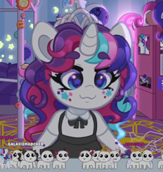 Size: 530x558 | Tagged: safe, artist:partypievt, derpibooru import, rainbow dash, oc, oc only, oc:party pie, anthro, pony, unicorn, g4, autism creature, clothes, eyebrows, eyebrows visible through hair, facial markings, family guy death pose, fringe, glow in the dark, horn, jewelry, pinafore, refrigerator, skirt, solo, tentacles, tiara, twitch, vtuber