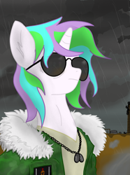 Size: 1521x2048 | Tagged: safe, artist:minecake, derpibooru import, oc, oc only, oc:cake sparkle, pony, unicorn, boot camp, bust, clothes, cloud, cloudy, dog tags, female, flag, horn, jacket, military uniform, older, overcast, portrait, rain, solo, sunglasses, uniform