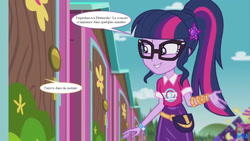 Size: 1833x1031 | Tagged: safe, artist:fab3716, derpibooru import, edit, edited screencap, screencap, sci-twi, twilight sparkle, human, choose your own ending, equestria girls, g4, the road less scheduled, french, solo