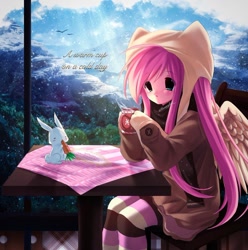 Size: 1080x1087 | Tagged: safe, artist:bonnybel_, derpibooru import, angel bunny, fluttershy, human, alternate clothes, chocolate, food, hot chocolate, humanized, solo, wings