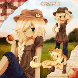 Size: 899x899 | Tagged: safe, artist:bonnybel_, derpibooru import, applejack, earth pony, human, pony, apple, braid, cute, food, humanized, jackabetes, solo