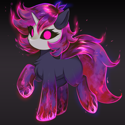 Size: 4000x4000 | Tagged: safe, alternate version, artist:shoggoth-tan, derpibooru import, oc, oc:muneco, original species, unicorn, eyelashes, fire, glowing, glowing eyes, glowing mane, horn, mask, simple background, solo