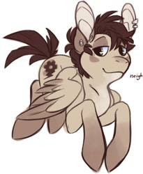 Size: 409x500 | Tagged: safe, artist:t0ddnet, derpibooru import, oc, oc only, pegasus, pony, bedroom eyes, colored wings, ear piercing, male, piercing, signature, simple background, smiling, solo, stallion, two toned wings, white background, wings