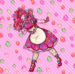 Size: 1650x1625 | Tagged: safe, alternate version, artist:anaeeve, derpibooru import, pinkie pie, equestria girls, g4, :p, abstract background, apron, clothes, cupcake, dress, food, one eye closed, shoes, smiling, solo, tongue, tongue out, wink