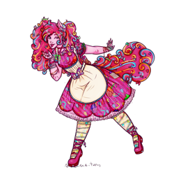 Size: 1650x1625 | Tagged: safe, artist:anaeeve, derpibooru import, pinkie pie, equestria girls, g4, :p, apron, background removed, clothes, dress, one eye closed, ponied up, shoes, signature, simple background, smiling, solo, tongue, tongue out, transparent background, wink