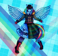 Size: 1700x1625 | Tagged: safe, artist:anaeeve, derpibooru import, rainbow dash, equestria girls, g4, abstract background, boots, clothes, dress, fingerless gloves, gloves, hat, ponied up, shoes, smiling, solo, spread wings, wings